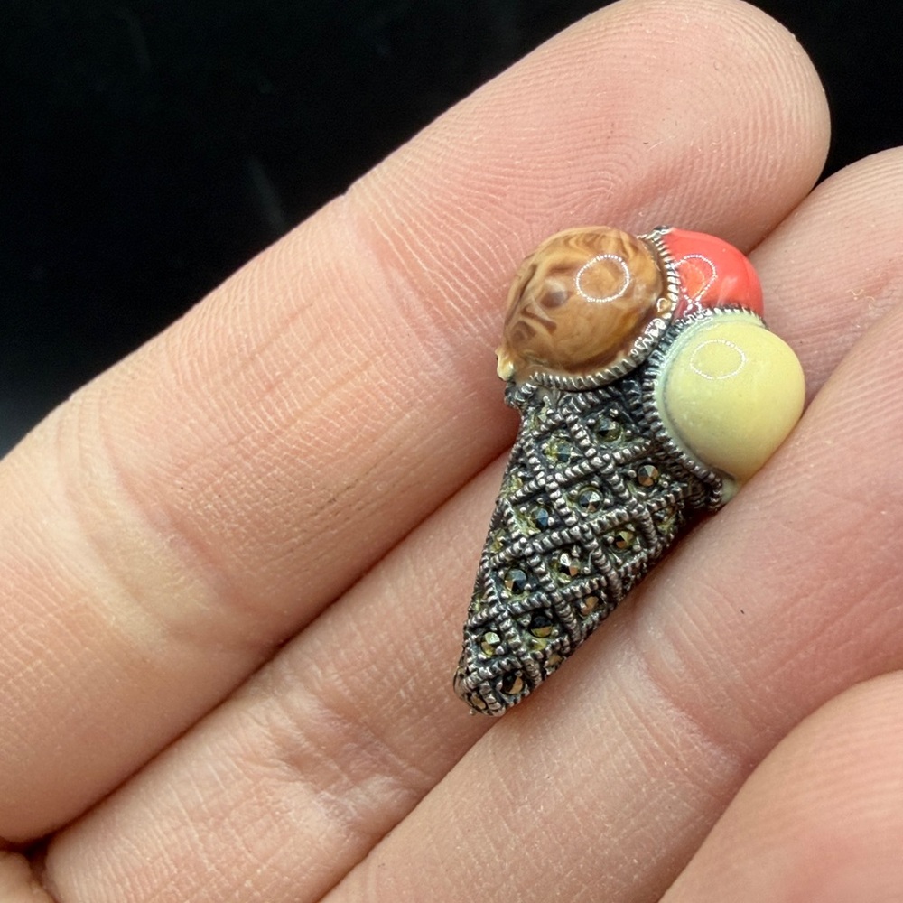 Judith Jack Sterling Silver Marcasite Enamel Ice Cream Cone Brooch Pin Jewelry - Picture 12 of 13